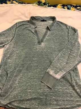 Jane and Delancey Heathered Sage Open V-Neck Long-Sleeve Polo